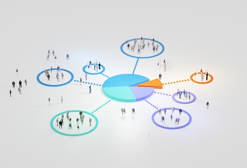 Analítica de big data, concepto abstracto. Gráfico circular y grupos de personas sobre fondo blanco. Renderizado digital 3D. photo