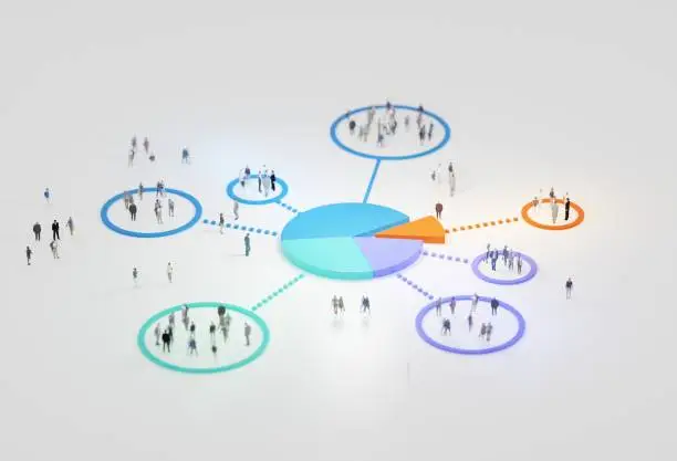 Photo of Big data analytics, abstract concept. Pie chart and groups of people on a white background. Digital 3D rendering.