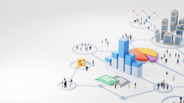 Big data analytics, abstract concept. Graphs and charts showing information and groups of people on a white background. Digital 3D rendering. Big data analytics, abstract concept. Graphs and charts showing information and groups of people on a white background. Digital 3D rendering. Demographic Trends stock pictures, royalty-free photos & images