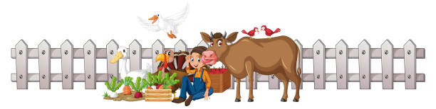 Farmer and animals sitting by the fence Farmer and animals sitting by the fence illustration person sitting on fence stock illustrations