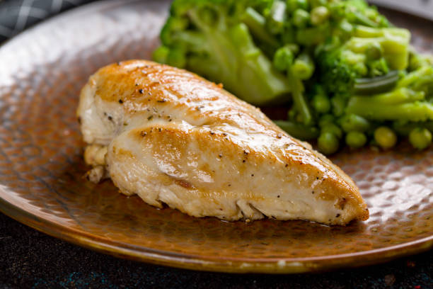istock Grilled chicken Breasts with broccoli and string beans on brown plate macro close up 1408343570