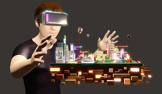 the sandbox Land Gamers Play games via VR glasses trade sandbox land and Metaverse 3D illustration