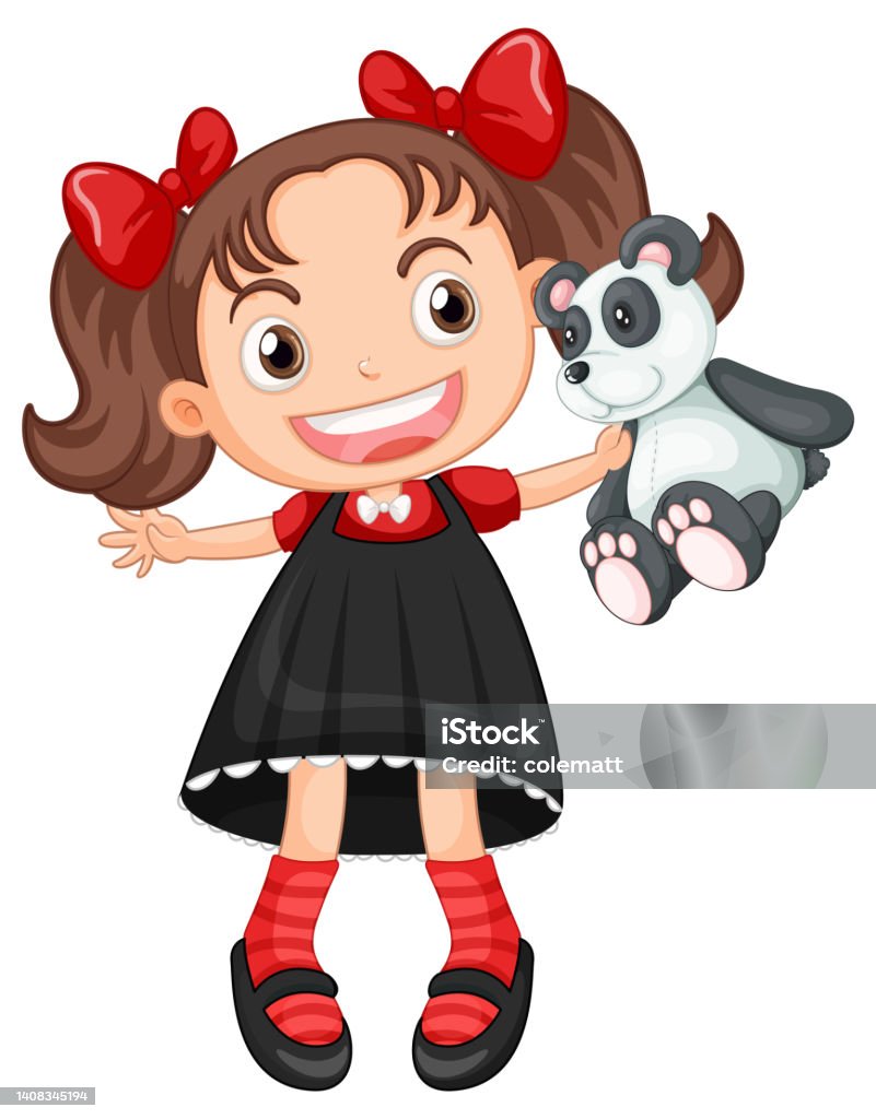 Mała urocza dziewczynka trzymająca pluszowego misia - Grafika wektorowa royalty-free (Czerwony) Mała urocza dziewczynka trzymająca pluszowego misia - Grafika wektorowa royalty-free (Czerwony)
