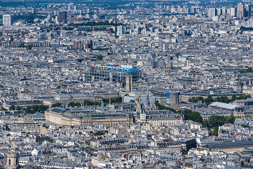 Paris, aerial view of the city, with the Pompidou center, and the Saint-Jacques tower