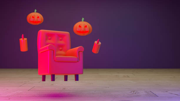 istock Happy Halloween, Concept floating chair with pumpkin ghost on purple background. 3d rendering 1408346604