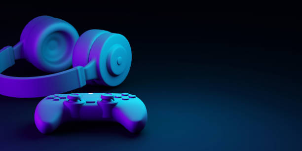istock Gamepad and headphones with copy space 3D render 1408347584