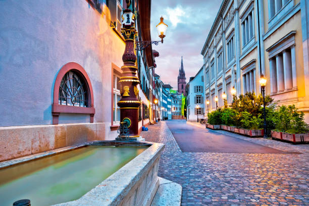 Basel historic upper town architecture evening view Basel historic upper town architecture evening view, northwestern Switzerland basel switzerland photos stock pictures, royalty-free photos & images