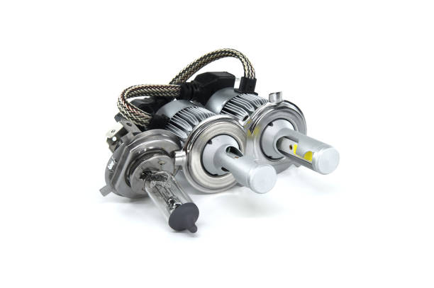 istock H4 halogen lamp and LED headlight bulbs on white 1408348833