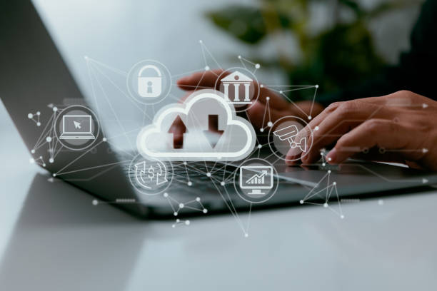 istock With a cloud computing diagram in hand, a man uses his laptop. Infrastructural principles such as data storage, networking, and the internet. 1408354718