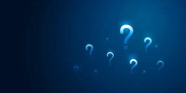 Photo of White question mark sign on punctuation blue background with abstract symbol concept or faq icon problem ask answer solution message and help support customer service information confusion element.