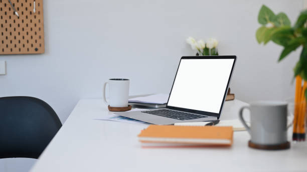 istock Computer laptop with blank screen, coffee cups, notebook and houseplant on white table. 1408365995