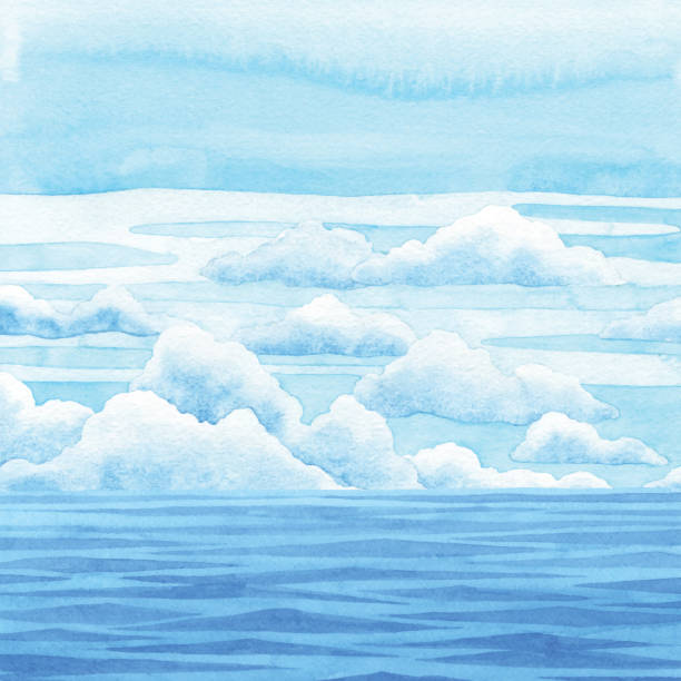 illustrazioni stock, clip art, cartoni animati e icone di tendenza di acquerello blu mare e sfondo del cielo - sea cloud cloudscape sky