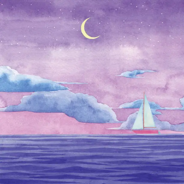 Vector illustration of Watercolor Illustration Of Night Sea and A Boat