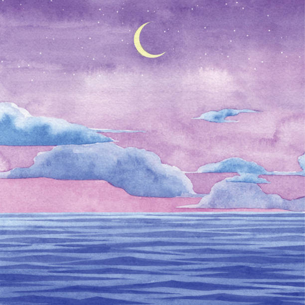 Watercolor Night Sea and Sky Background Watercolor background. Vector tracing. dark blue sky clouds stock illustrations