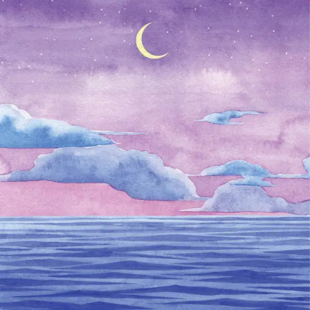Vector illustration of Watercolor Night Sea and Sky Background