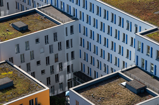 The top view of a modern multi-storey residential complex, Germany