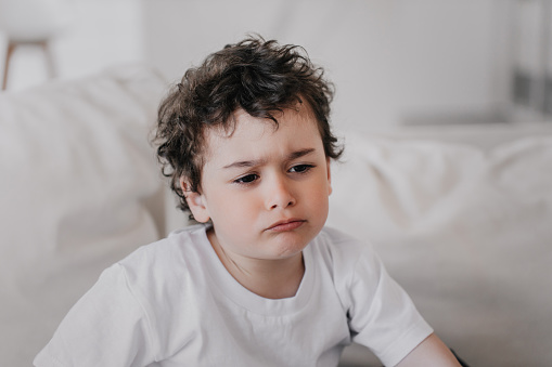 Close up of upset little boy sitting on sofa at home, frustrated, whining kid was not allowed to walk. Disappointed curly adorable cute kid offended, not received desirable. Kids emotion mockup.