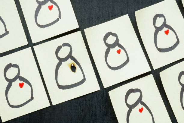 istock Relationship difficulties. Stickers with figurines and one with a burnt heart. 1408369311