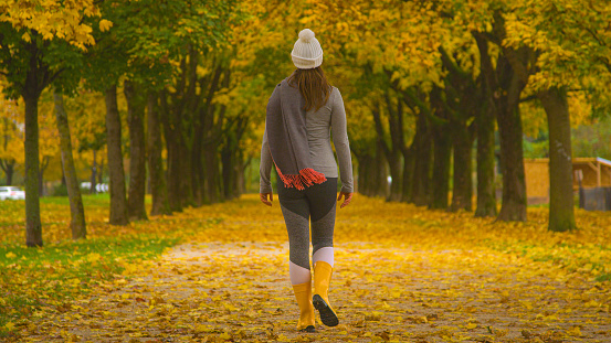 Unrecognizable young female walks along a walkway crossing the picturesque park. Female pedestrian strolls along a scenic autumn colored avenue in her yellow rubber boots on a cold November afternoon