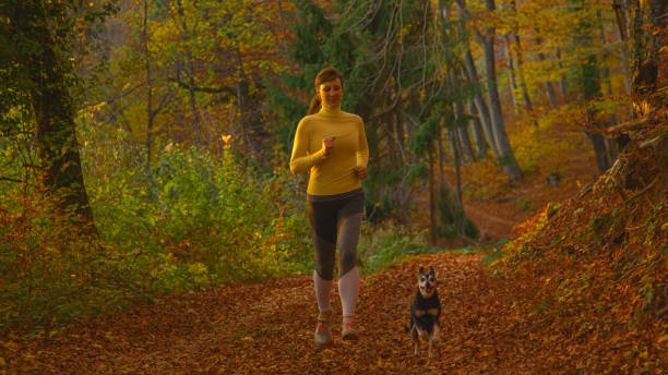 istock Woman looks down at her dog while jogging down the scenic forest colored trail. 1408372530