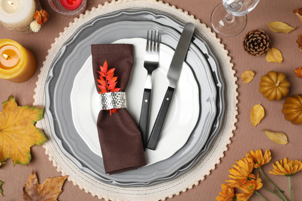 istock Beautiful autumn place setting and decor for festive dinner on table, flat lay 1408372535