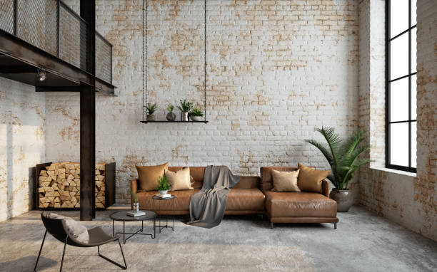 intérieur de salon loft industriel avec canapé, chaise et mur de briques.3d rendu - industrial modern photos et images de collection