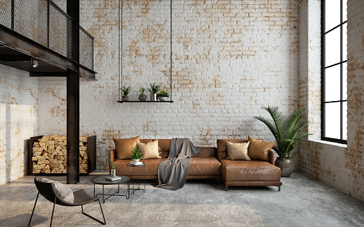 Industrial loft living room interior with sofa,chair and brick wall.3d rendering