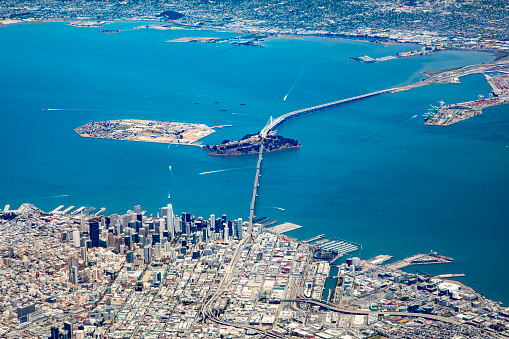 aerial of bay with downtown San Francisco and bay bridge, USA