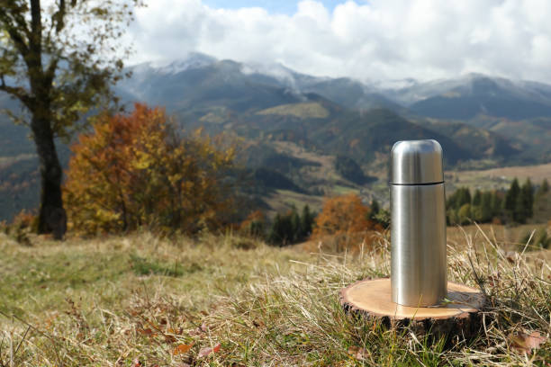 istock Silver thermos on wooden stump in mountains, space for text 1408374763