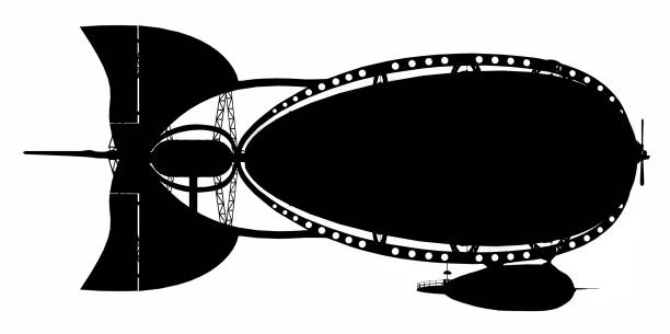 Computer generated 2D illustration with the silhouette of a a fantasy airship