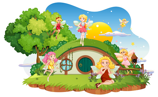 Fairies at hobbit house on white background illustration