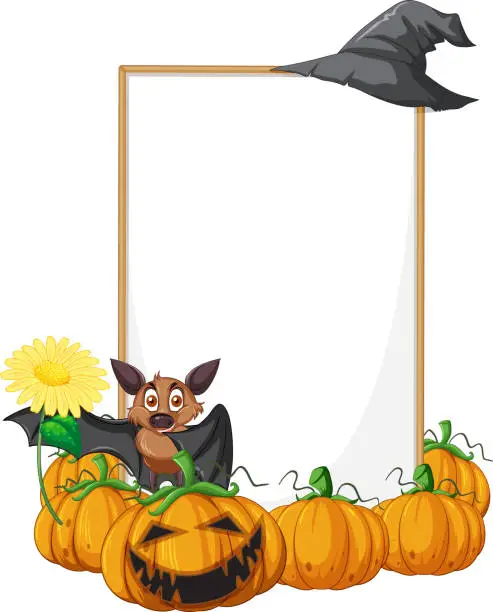 Vector illustration of Blank wooden signboard with bat in halloween theme