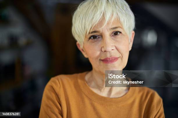 Smiling Mature Woman With Short Hair Stock Photo - Download Image Now - Mature Women, One Woman Only, Only Women