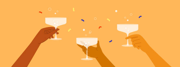 Vector illustration of celebration, festivity new year, birthday party with diversity human hands clink champagne or wine glasses Diversity human hands clink champagne or wine glasses. Cheers vector illustration. People hold cocktail drink. elebration, festivity new year, birthday party. Anniversary, corporate event, holiday day drinking stock illustrations