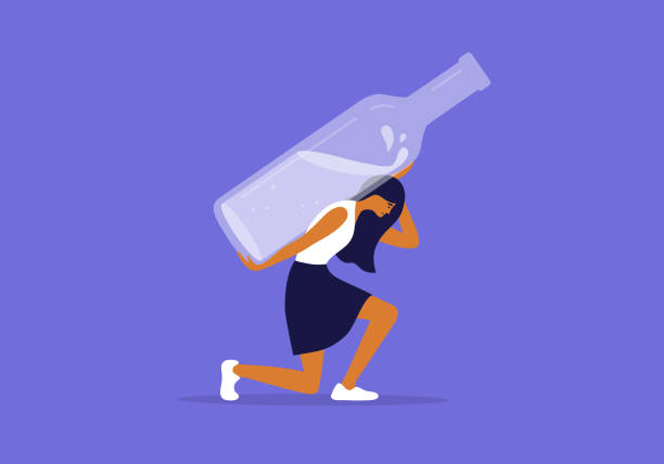 vector illustration of female alcoholism with unhappy woman holding huge alcohol drink bottle on shoulders - over burdened 幅插畫檔、美工圖案、卡通及圖標