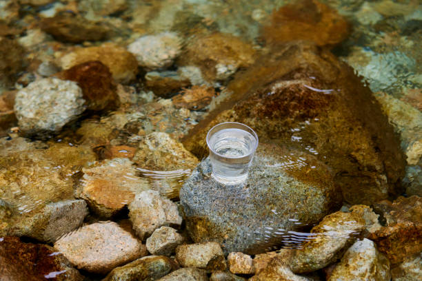 istock Glass with water placed in a beautiful river 1408377479