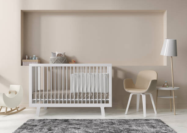 istock Empty cream wall in modern child room. Mock up interior in scandinavian style. Copy space for your picture or poster. Bed, toys. Cozy room for kids. 3D rendering. 1408377824