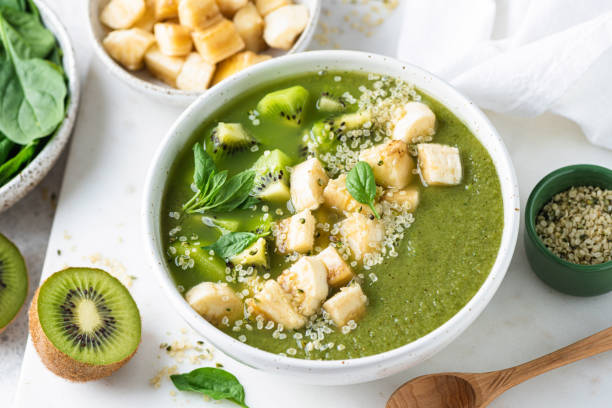 istock Green smoothie bowl with toppings 1408378685