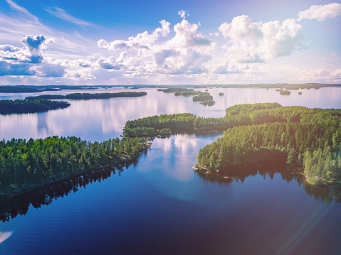 Aerial view of blue lakes and green woods in summer Finland. Beautiful landscape with sunlights