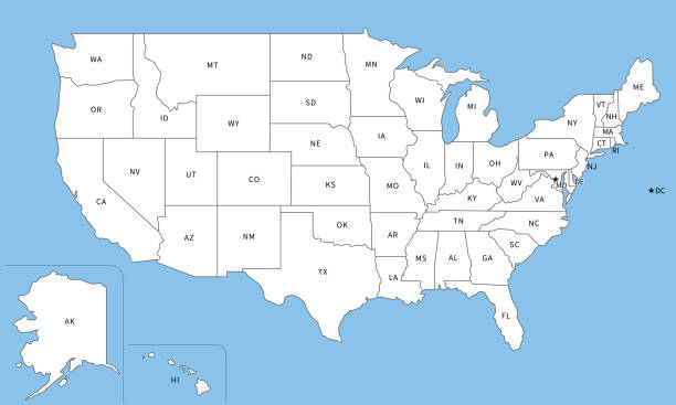 illustrazioni stock, clip art, cartoni animati e icone di tendenza di mappa vuota degli stati uniti, con abbreviazioni per tutti i 50 stati - mid atlantic usa
