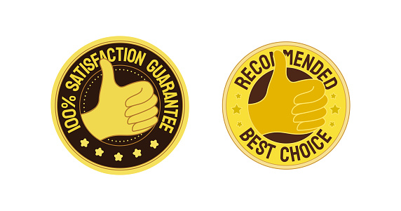 Customer Satisfaction Guarantee Recommended Best Choice label badge emblem design in vector with thumb up good, like icon.