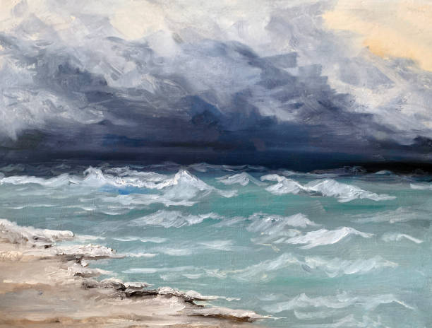 pemandangan laut dengan awan sebelum badai petir, lukisan cat minyak. - seascape ilustrasi stok