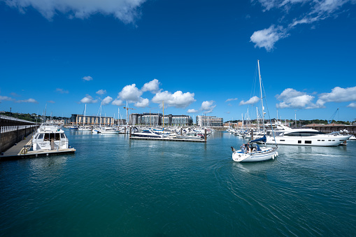 Boats moored in Elizabeth Marina, St Helier harbour of the British Crown Dependency of Jersey, Channel Islands, British Isles.