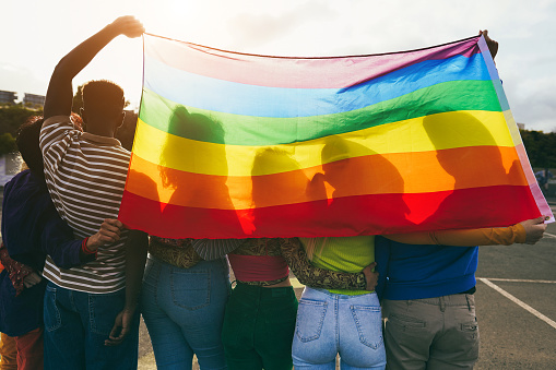 Young diverse people having fun holding LGBT rainbow flag outdoor