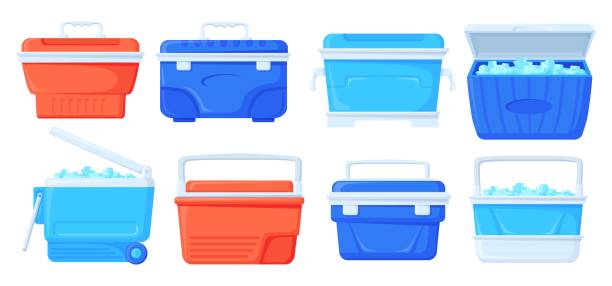 Cooler boxes. Summer ice bag camping beach picnic, portable fridge for cold food drinks cool beer, mobile refrigerator cube travel thermal delivery box, neat vector illustration Cooler boxes. Summer ice bag camping beach picnic, portable fridge for cold food drinks cool beer, mobile refrigerator cube travel thermal delivery box, vector illustration of refrigerator ice bag cool box stock illustrations