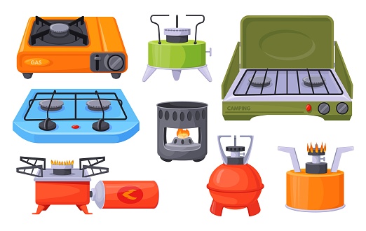 Camping stove. Cartoon gas camp burner, portable indoor cooker, outdoor furnace for picnic cooking on heat flame propane hob butane fire travel stoves cook neat vector illustration of gas fire burner