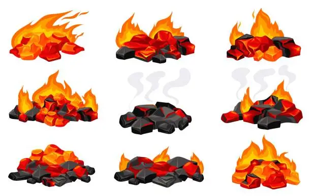 Vector illustration of Burning charcoals. Cartoon coals, grill fire hot bbq glowing or burn heat wood coal, combustion bonfire barbecue, red glow flaming carbon energy, isolated neat vector illustration