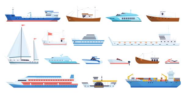 ilustrações, clipart, desenhos animados e ícones de grandes e pequenos navios marinhos. barco de pesca cruzeiro cruzeiro veleiro iate, barcaça transportando tipos de navios, navio a vapor veleiro de transporte oceânico, ilustração de vetor neoteric - ferry container ship cruise sailing ship