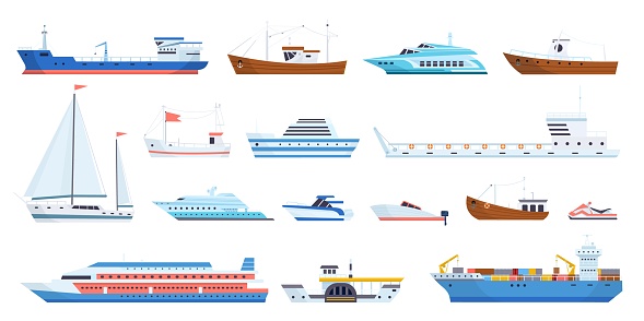 Big and little sea ships. Fishing boat cruise liner sail yacht, barge transporting ship types, ocean transport tanker sailboat steamboat motor vessel, neoteric vector illustration of cargo transport