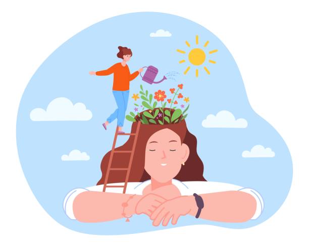 Ladder in flowers head. Person heal mind brain, appreciation mental health psychological profile optimistic thinking growth blooming flowers inside healthy head vector illustration Ladder in flowers head. Person heal mind brain, appreciation mental health psychological profile optimistic thinking growth blooming flowers inside healthy head vector illustration. Woman mental care cartoon characters with big heads stock illustrations